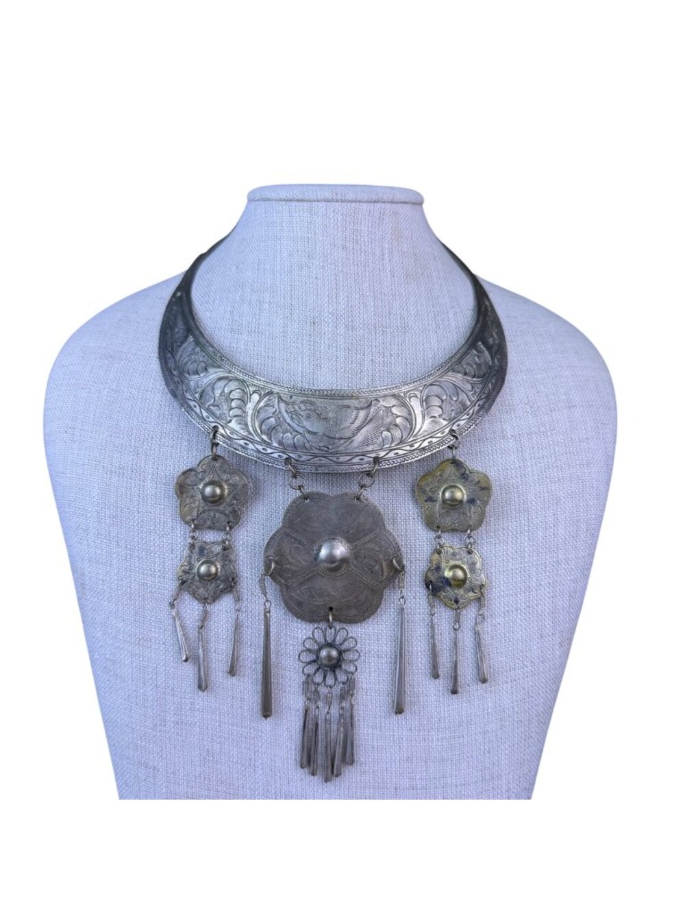 Vintage Engraved Metal Ceremonial Necklace Floral Droplets Silver Tone Handmade